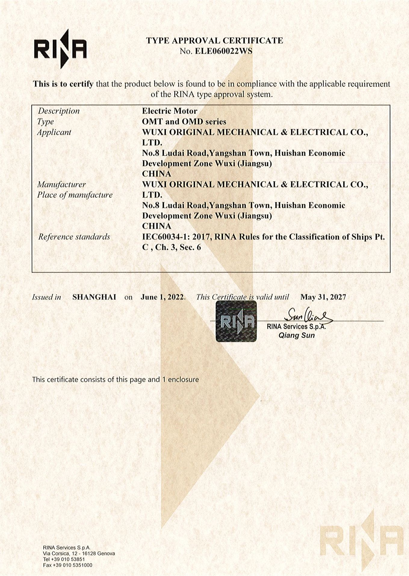What Is Rina Omec Electric - Certification